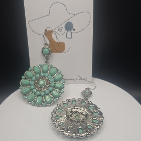 Elegant Silver and Turquoise Floral Earrings - Picture 3 of 5